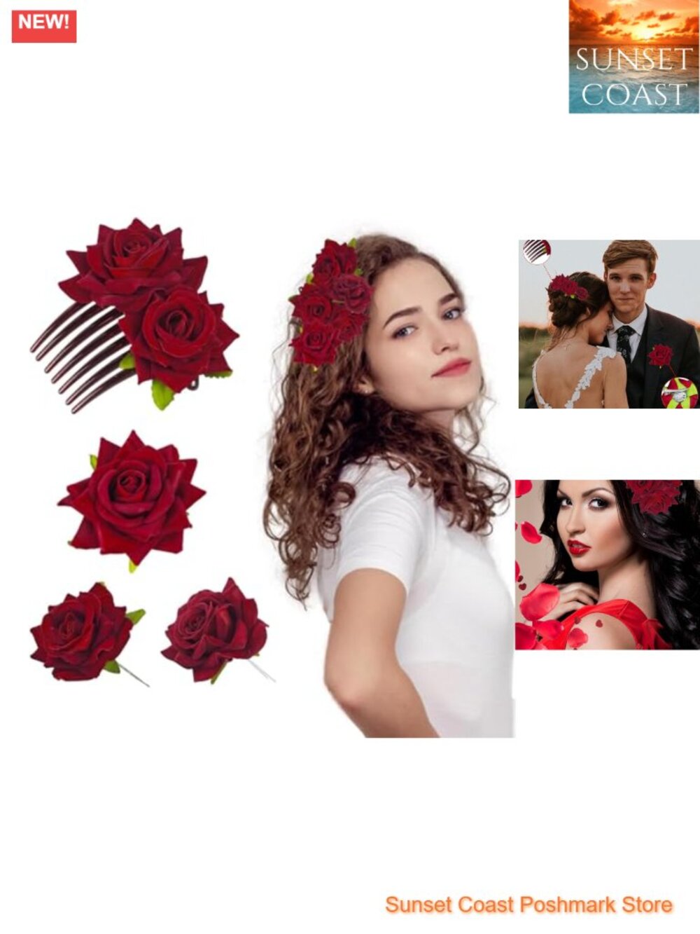 Fabric Rose Hair Clips & Brooch Set for Women